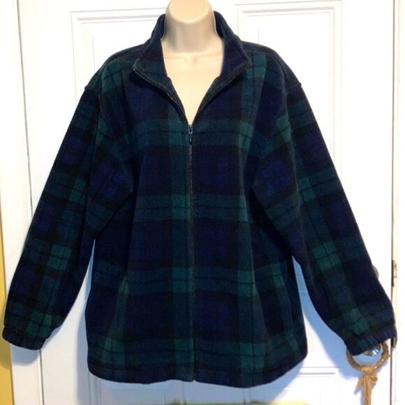 KAREN SCOTT Green Black Fleece Plaid Zippered Jacket with pockets Womens Large - Picture 1 of 10